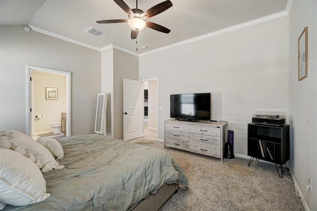 bedroom with baseboards, visible vents, light colored carpet, lofted ceiling, and crown molding