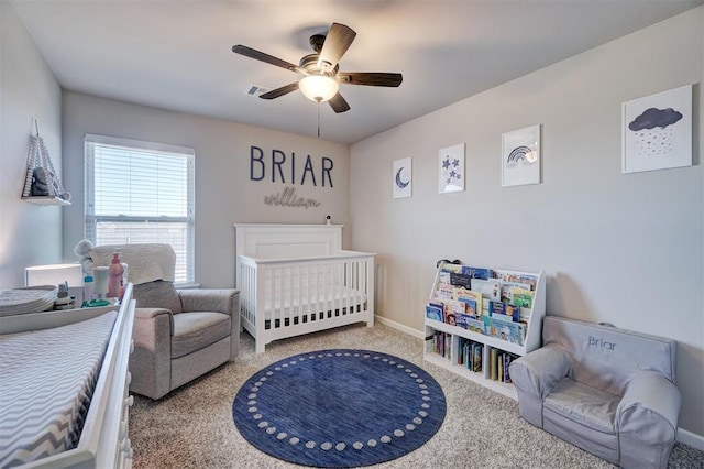 bedroom with visible vents, carpet flooring, a ceiling fan, and baseboards