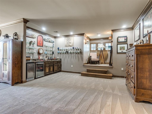 bar featuring light carpet, a bar, wine cooler, and ornamental molding