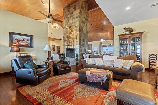 living room with visible vents, wooden ceiling, high vaulted ceiling, and hardwood / wood-style floors