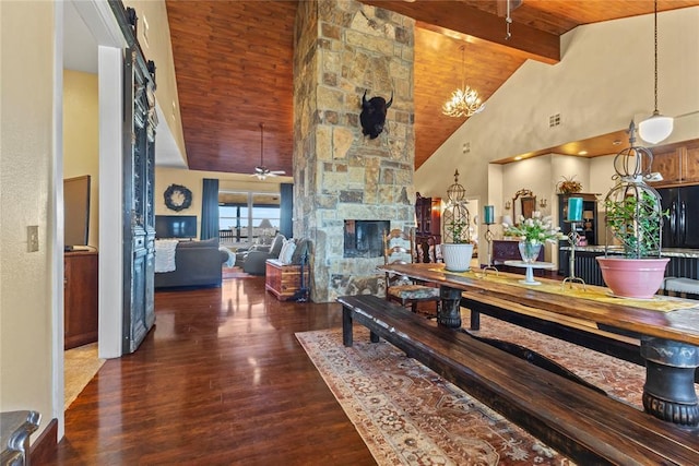 living area featuring wood finished floors, high vaulted ceiling, beam ceiling, a fireplace, and ceiling fan