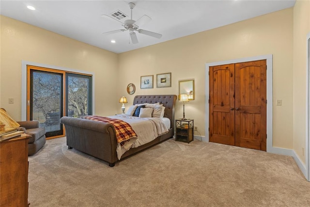 carpeted bedroom with visible vents, recessed lighting, baseboards, and access to outside