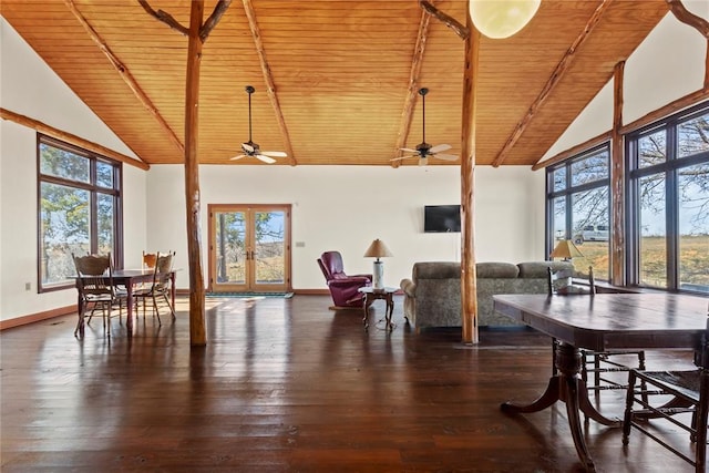 dining space with french doors, wood-type flooring, high vaulted ceiling, and wooden ceiling