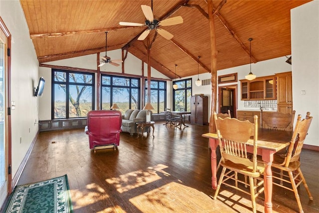 dining room with hardwood / wood-style flooring, plenty of natural light, wood ceiling, and high vaulted ceiling