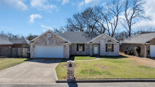 ranch-style house with brick siding, concrete driveway, a front yard, fence, and a garage