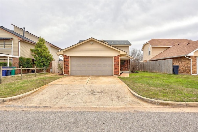 view of front of home featuring brick siding, concrete driveway, a front lawn, and fence