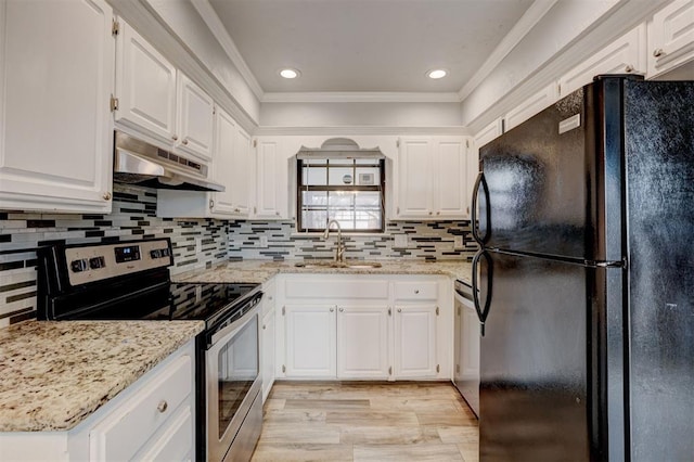 kitchen featuring a sink, ornamental molding, stainless steel appliances, under cabinet range hood, and white cabinetry