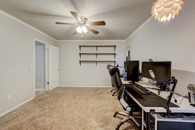 carpeted office space featuring baseboards, a ceiling fan, and ornamental molding