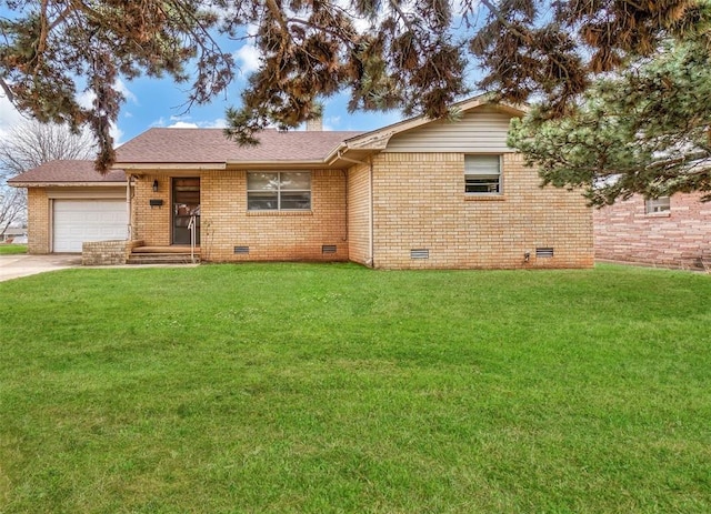 single story home with brick siding, a shingled roof, crawl space, an attached garage, and a front yard