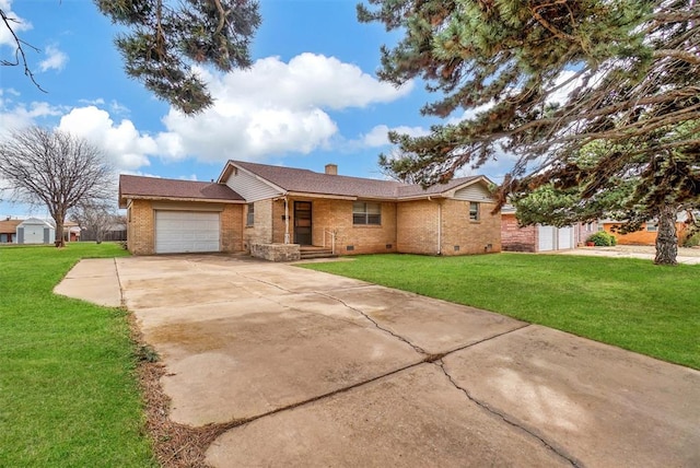 ranch-style house featuring a garage, concrete driveway, a chimney, crawl space, and a front yard