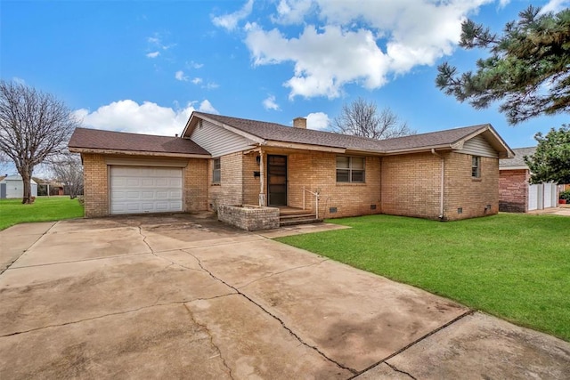 ranch-style house with a garage, a front yard, crawl space, and brick siding