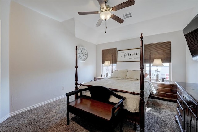 carpeted bedroom with visible vents, a ceiling fan, and baseboards