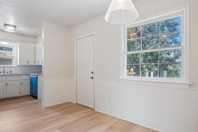 unfurnished dining area featuring light wood-type flooring and a sink