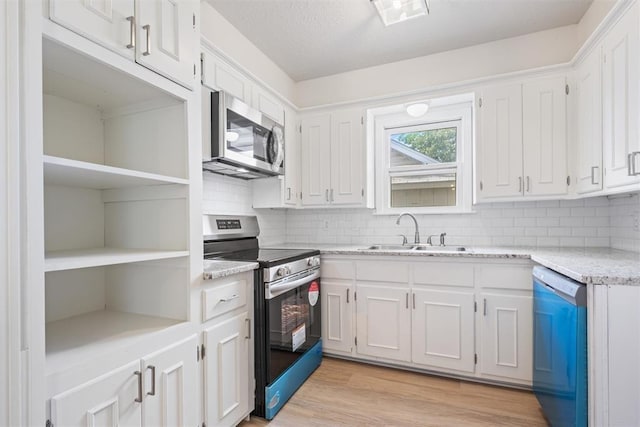 kitchen with a sink, open shelves, appliances with stainless steel finishes, white cabinets, and light wood finished floors