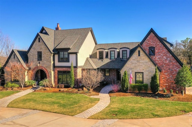 english style home with stucco siding, brick siding, a chimney, and a front yard