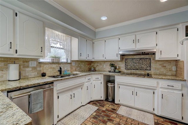 kitchen featuring crown molding, black electric stovetop, under cabinet range hood, dishwasher, and brick floor