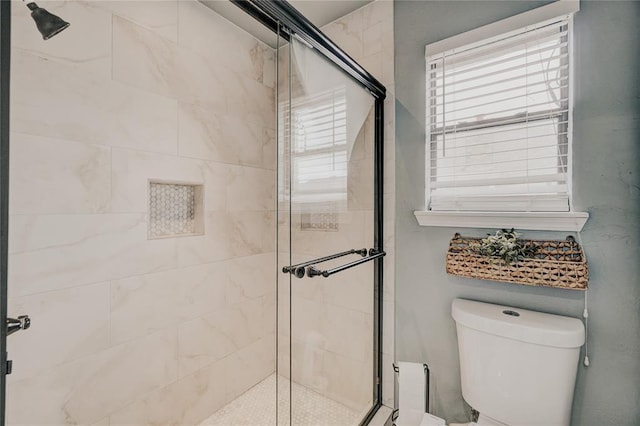 full bathroom featuring toilet and a stall shower