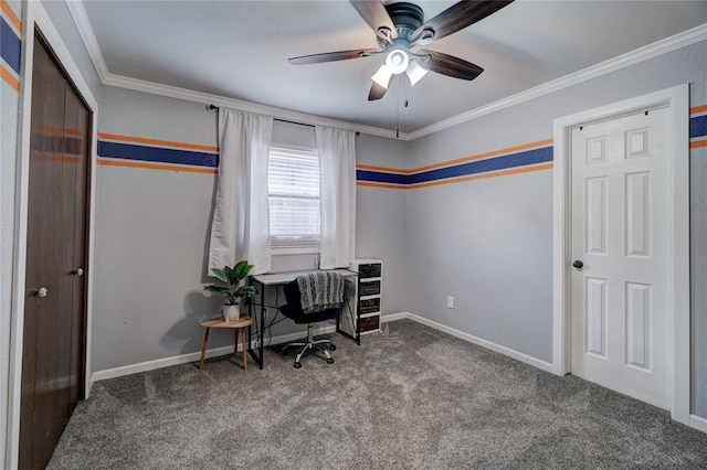 carpeted office featuring baseboards, ornamental molding, and a ceiling fan