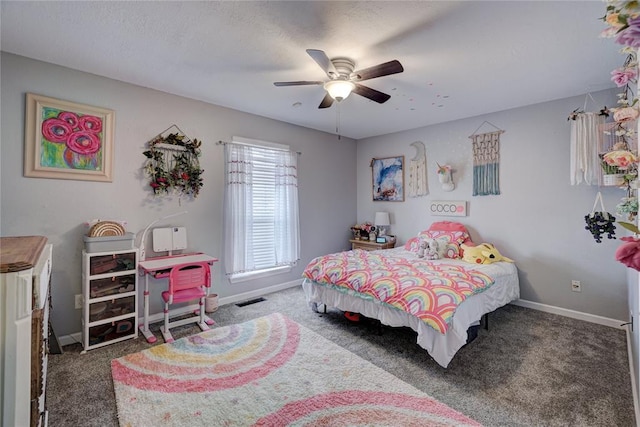 bedroom featuring visible vents, carpet floors, baseboards, and ceiling fan