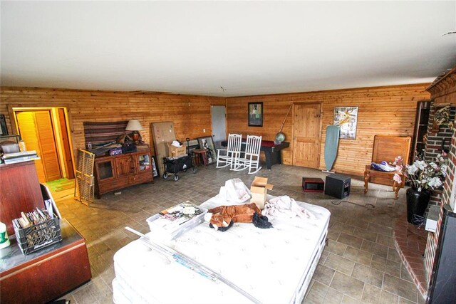 living room featuring wooden walls