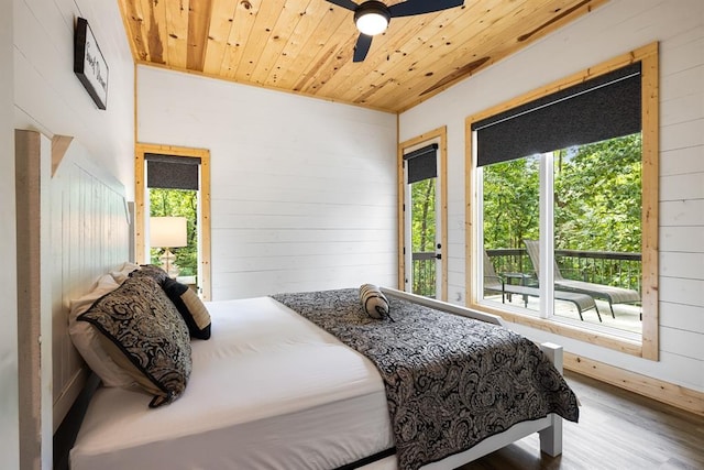 bedroom featuring wood ceiling, ceiling fan, wood finished floors, access to outside, and wood walls