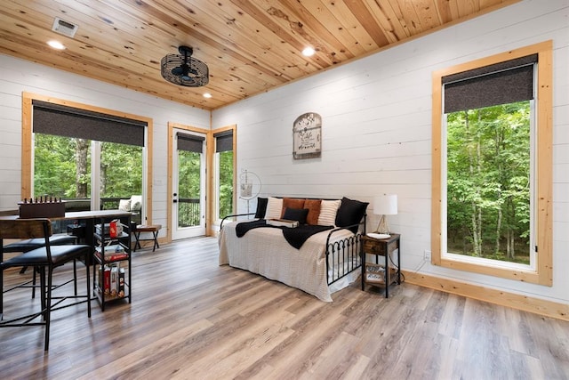 living area featuring wood ceiling, visible vents, and wood finished floors