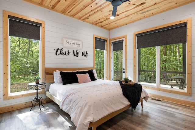 bedroom with wooden ceiling, multiple windows, visible vents, and wood finished floors