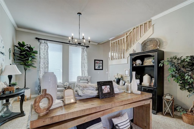 dining area with a notable chandelier, light colored carpet, and ornamental molding