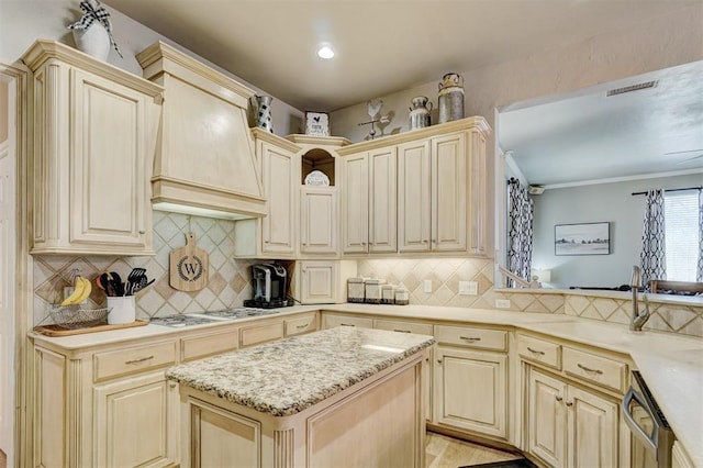 kitchen with a sink, tasteful backsplash, custom exhaust hood, dishwasher, and white gas stovetop