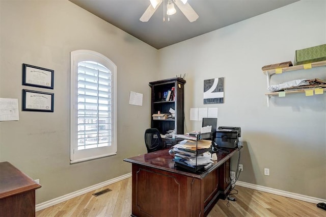 office with visible vents, light wood-style flooring, baseboards, and a ceiling fan