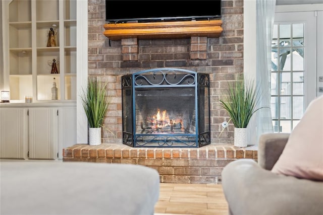 details featuring wood finished floors and a fireplace