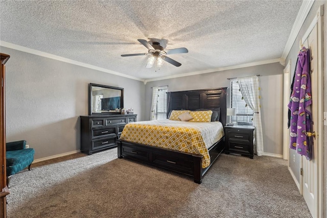 carpeted bedroom with multiple windows, crown molding, and baseboards