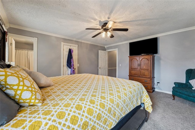 carpeted bedroom featuring ceiling fan, crown molding, baseboards, and a textured ceiling