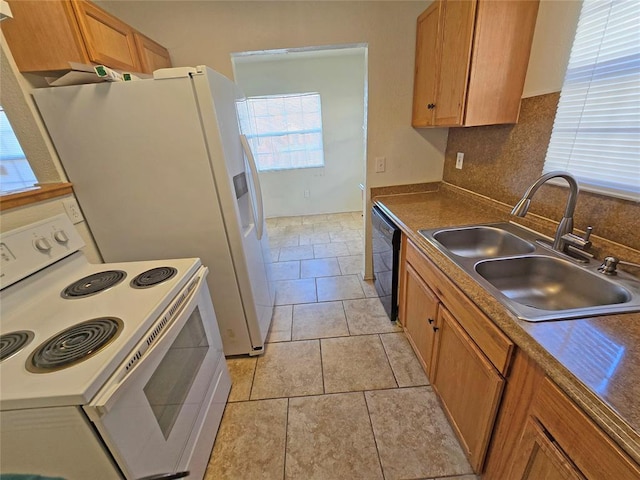 kitchen featuring black dishwasher, tasteful backsplash, white range with electric cooktop, brown cabinets, and a sink