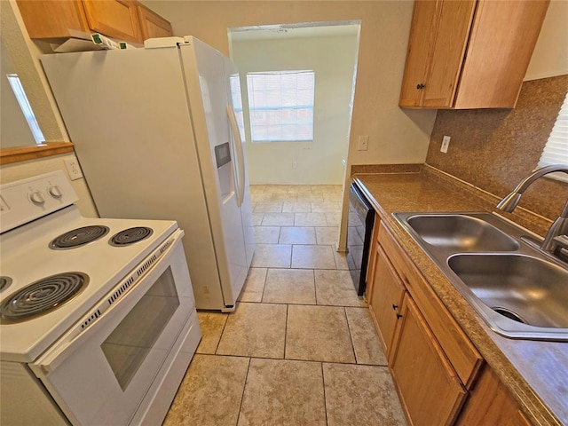kitchen featuring electric stove, backsplash, brown cabinetry, a sink, and dishwasher