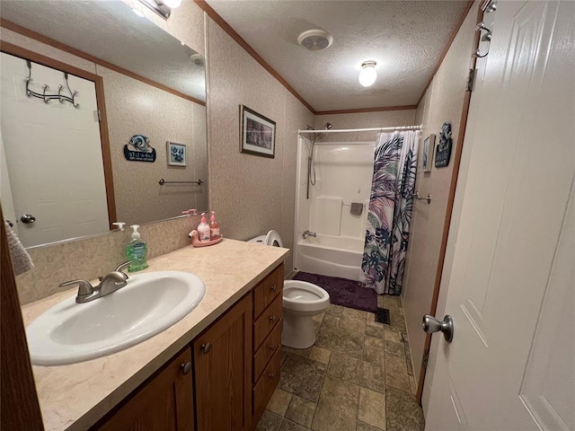 bathroom with crown molding, toilet, shower / bath combo, stone finish floor, and a textured ceiling