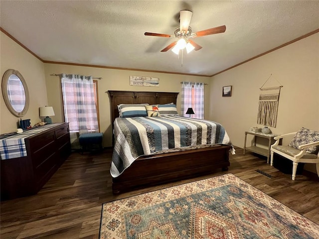 13132 Bluebird Ln, Kingston, OK 73439 - bedroom featuring dark wood-style floors, multiple windows, a textured ceiling, and ornamental molding