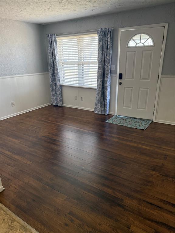 foyer featuring dark wood-style floors, wainscoting, and a textured ceiling