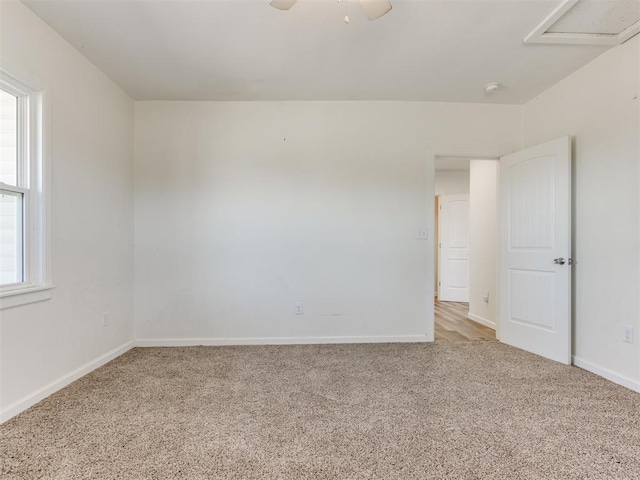 unfurnished room featuring ceiling fan, carpet flooring, and baseboards