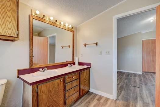 bathroom featuring toilet, a sink, a textured ceiling, wood finished floors, and double vanity