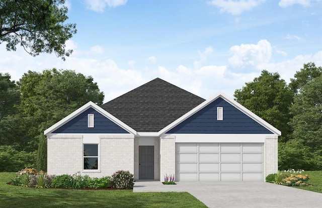 view of front of property featuring an attached garage, concrete driveway, brick siding, and a front yard