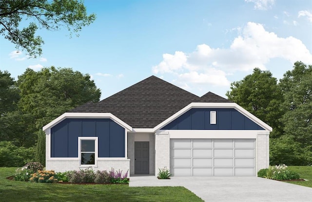 view of front of home with brick siding, concrete driveway, board and batten siding, a front yard, and a garage