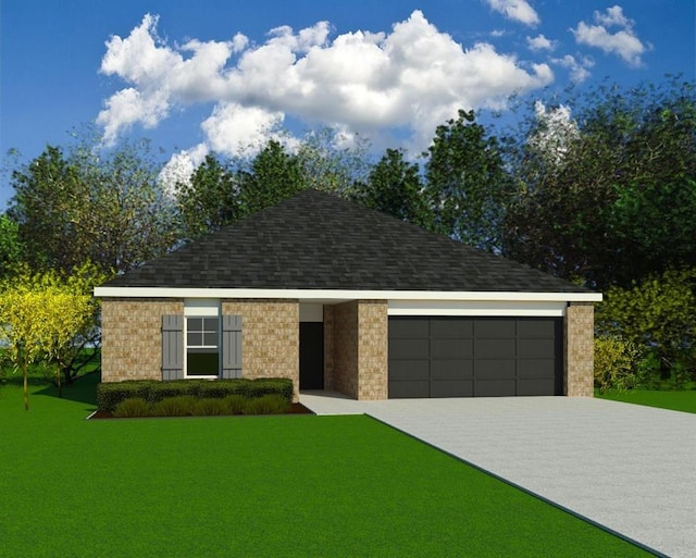 view of front facade featuring brick siding, a shingled roof, an attached garage, driveway, and a front lawn