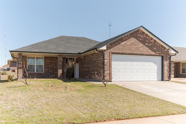 ranch-style house with a front lawn, brick siding, an attached garage, and a shingled roof