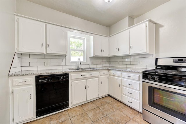 2625 SW 46th St, Oklahoma City, OK 73119 - kitchen with stainless steel gas range oven, black dishwasher, a sink, and backsplash