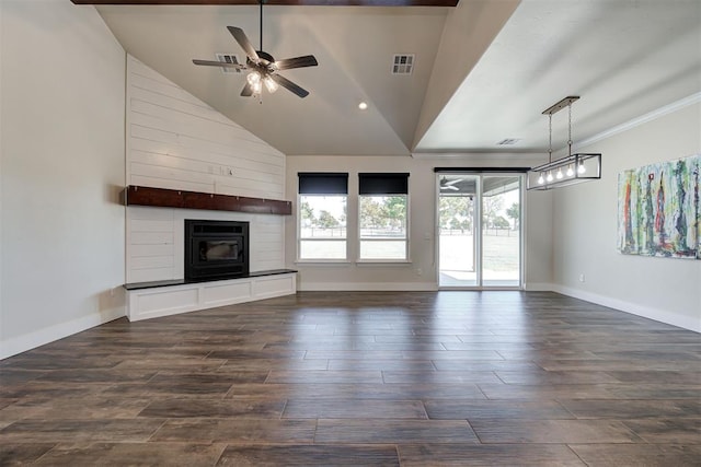 unfurnished living room with visible vents, baseboards, a fireplace, a ceiling fan, and dark wood-style flooring