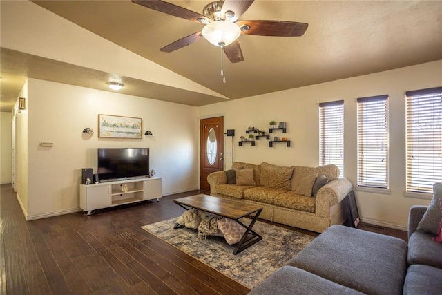 living area featuring ceiling fan, baseboards, lofted ceiling, and wood finished floors