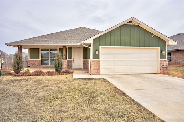 view of front of property featuring concrete driveway, an attached garage, brick siding, and roof with shingles