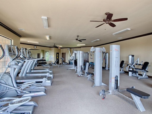 gym featuring crown molding and visible vents