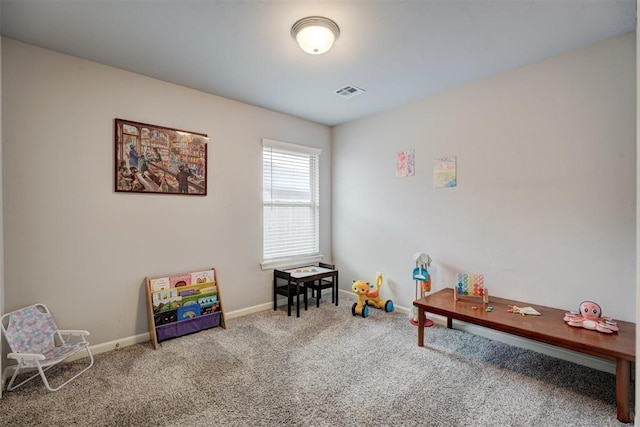 playroom with visible vents, carpet flooring, and baseboards